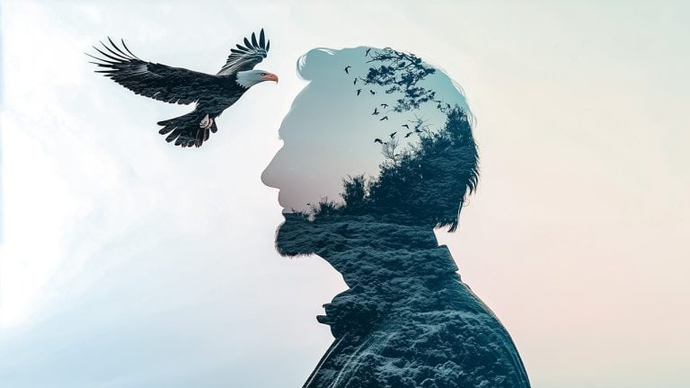Double exposure of a man's silhouette with a beard and a bald eagle flying alongside a flock of birds and trees: freedom and introspection concept.