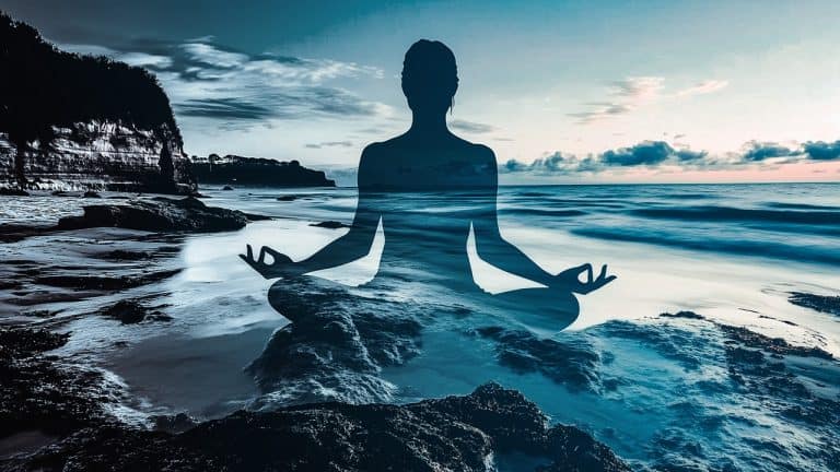 Double exposure of a person meditating in lotus position and a serene ocean view with cliffs: tranquility and mindfulness concept.