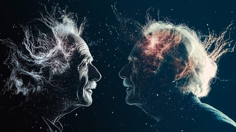 Double exposure of an elderly man with wild hair facing left and another facing right
