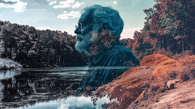 Double exposure of an elderly man with glasses and a beard in profile