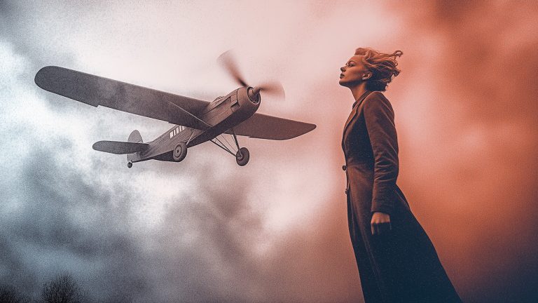 Double exposure of a woman standing and looking up in a vintage style