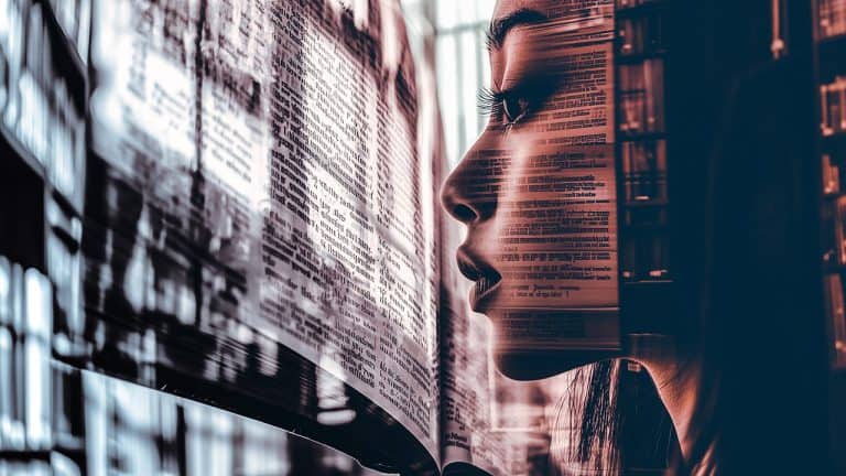 Double exposure of a woman's profile with text overlay and an open book in a blurred library background: knowledge and introspection concept.