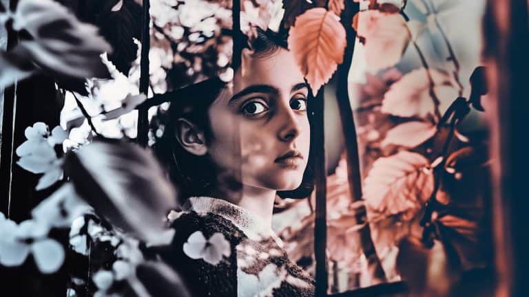 Double exposure of a young girl gazing through a window and soft focus of pink and green leaves: introspection and nature concept.