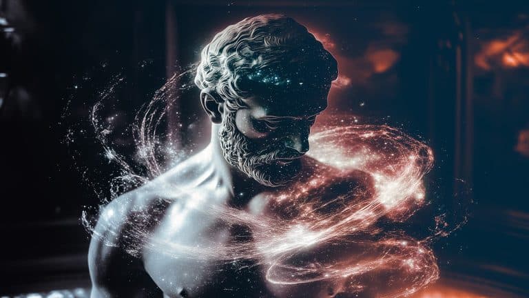 Double exposure of a marble statue of a bearded man and a swirling galaxy with stars and light: cosmic and timeless concept.