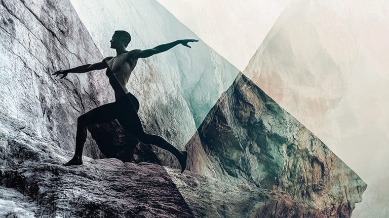 Double exposure of a person in a yoga pose on a rocky cliff and abstract geometric shapes overlaying a rocky landscape: balance and harmony concept.