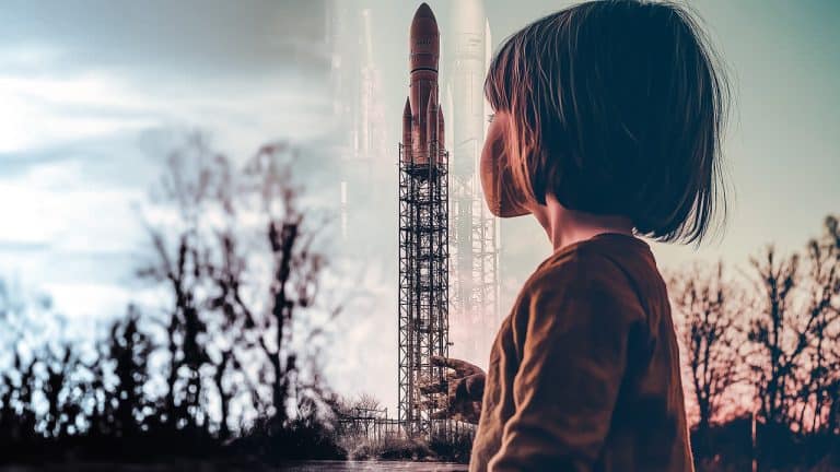 Double exposure of a child looking up and pointing at the sky