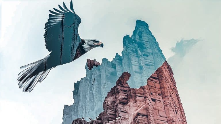 Double exposure of a soaring eagle with outstretched wings and towering rock formations against a clear sky: freedom and strength concept.