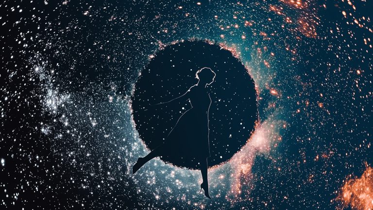 Double exposure of a silhouette of a woman in a dress and a starry galaxy background: cosmic exploration and mystery concept.