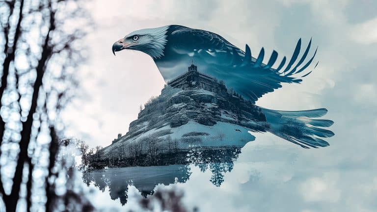 Double exposure of a bald eagle in flight and a snow-covered mountain with a building on top: freedom and strength concept.
