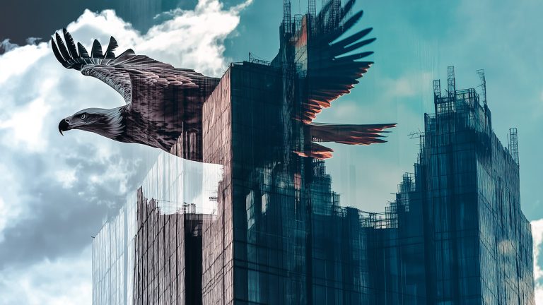Double exposure of an eagle soaring with wings spread and a modern skyscraper with reflective glass: freedom and urbanization concept.