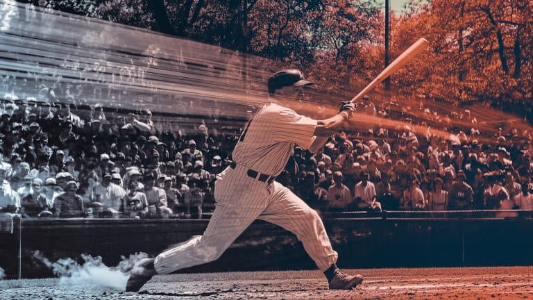 Double exposure of a baseball player swinging a bat with blurred motion