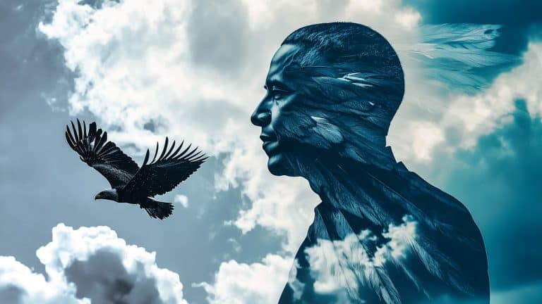 Double exposure of a person's profile with feathers blending into their hair