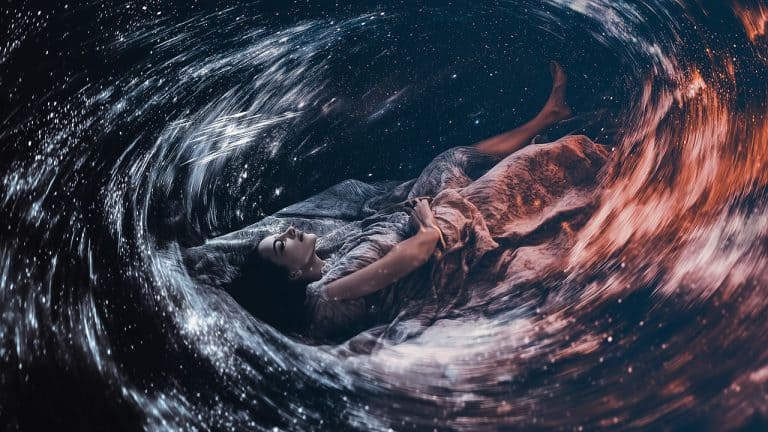 Double exposure of a woman lying peacefully on a bed and a swirling galaxy with stars and cosmic colors: dreamlike and cosmic concept.