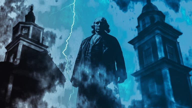 Double exposure of a silhouette of a man in a coat and a lightning bolt striking between two historic buildings: dramatic and mysterious concept.