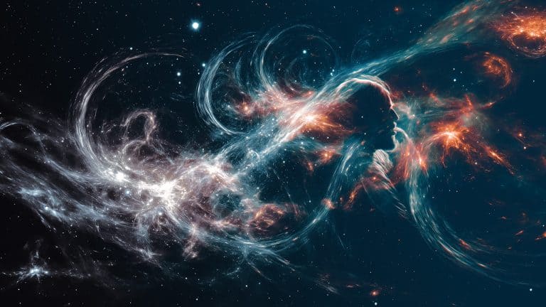 Double exposure of a swirling nebula with bright stars and the silhouette of a baby: cosmic creation concept.
