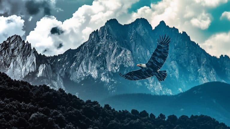 Double exposure of a soaring eagle with outstretched wings and a rugged mountain range beneath a cloudy sky: freedom and majesty concept.
