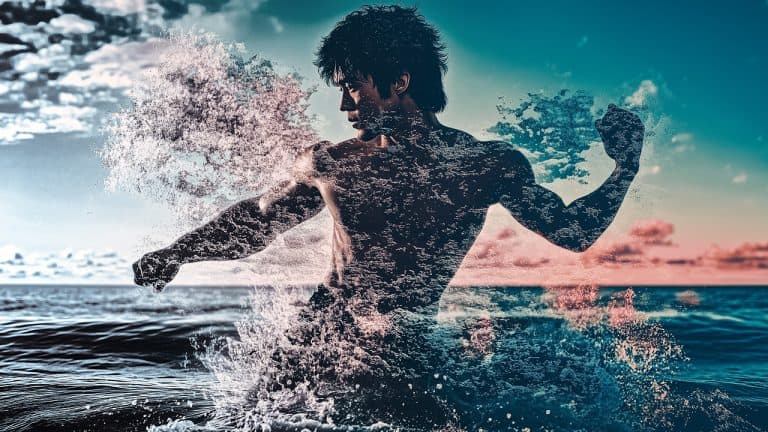 Double exposure of a shirtless man in a dynamic pose with clenched fists