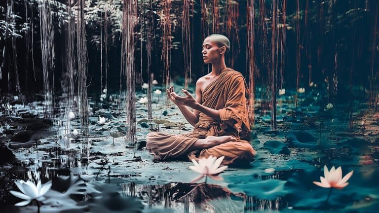 Double exposure of a person meditating in orange robes in a serene forest setting