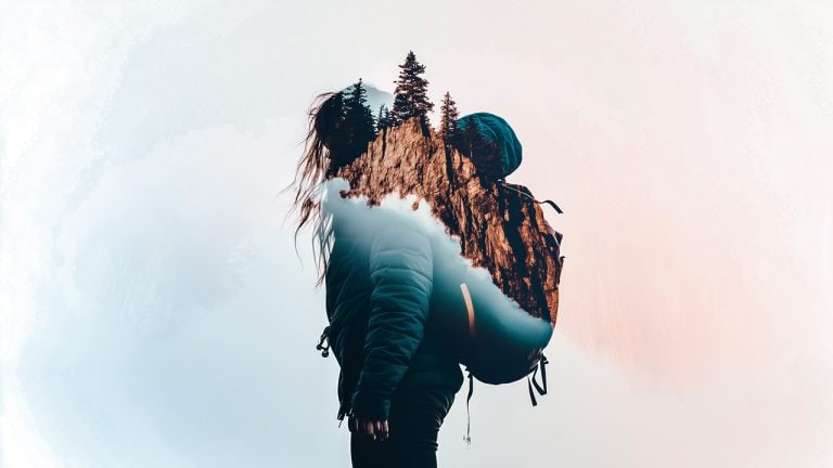 Double exposure of a person wearing a backpack facing away