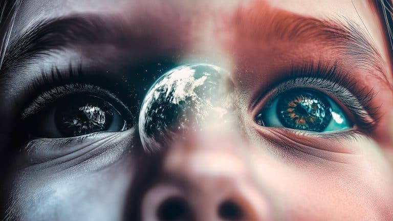 Double exposure of a close-up of a child's eyes with Earth reflecting in them: wonder and curiosity concept.