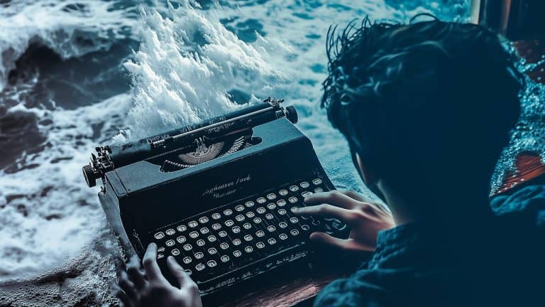 Double exposure of a person typing on a typewriter and ocean waves crashing: creativity and imagination concept.