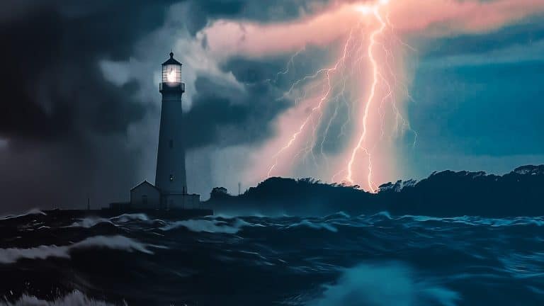 Double exposure of a lighthouse with its light on during a stormy sea