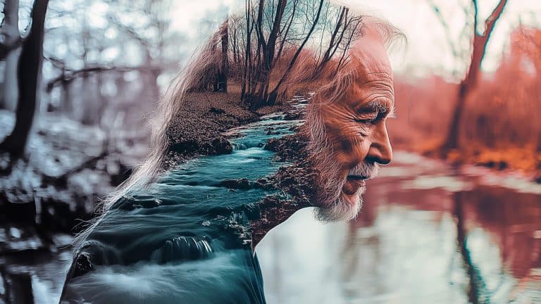 Double exposure of an elderly man in profile with a serene expression