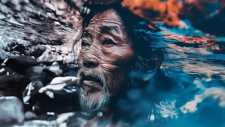 Double exposure of an elderly man's thoughtful face partially submerged in water