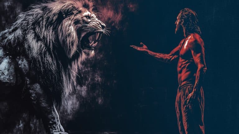 Double exposure of a roaring lion with a fiery mane and a shirtless man extending his hand: courage and confrontation concept.