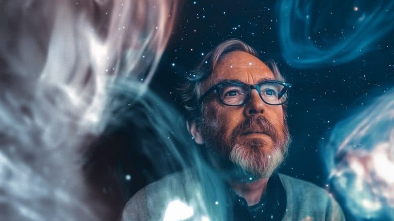 Double exposure of a man with glasses looking upward