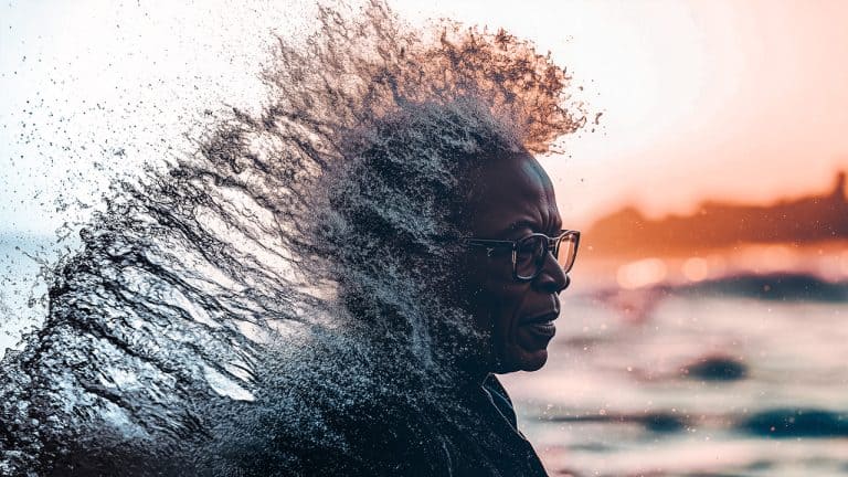 Double exposure of a person with glasses looking to the side