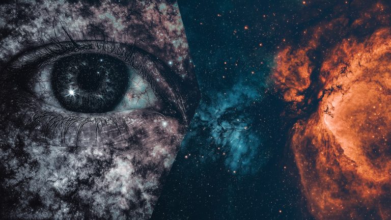 Double exposure of a close-up human eye with a galaxy texture and a vibrant nebula in blue and orange hues: cosmic vision and exploration concept.