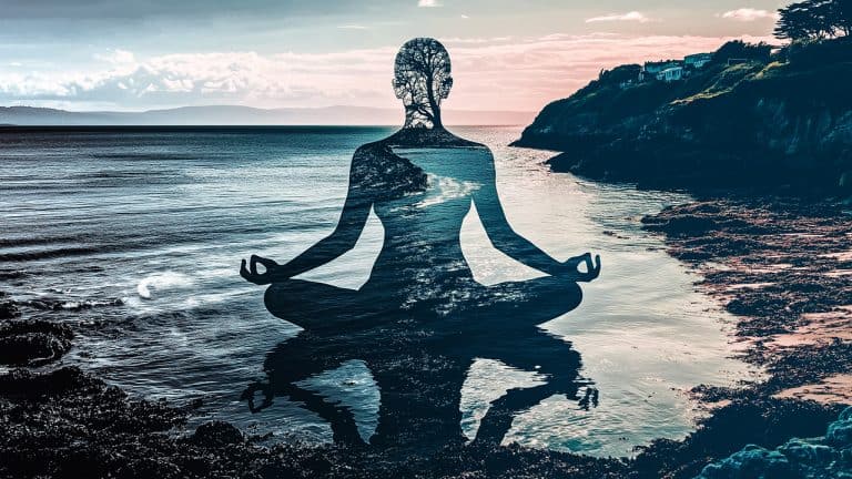 Double exposure of a person meditating in lotus position and an ocean shoreline with a tree silhouette: tranquility and nature concept.