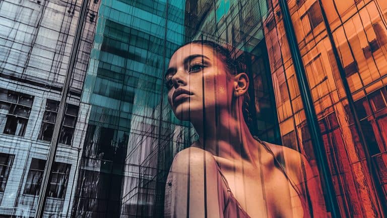 Double exposure of a woman's confident face with colorful lighting and a modern glass building with reflections: urban elegance and introspection concept.