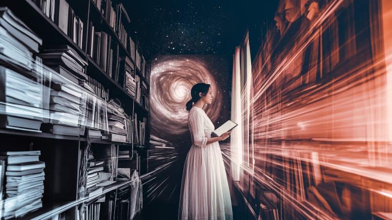 Double exposure of a woman holding a book in a library and a swirling galaxy in the background: knowledge and imagination concept.