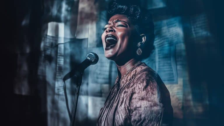 Double exposure of a woman singing passionately into a microphone and blurred pages of a book in the background: expression and storytelling concept.