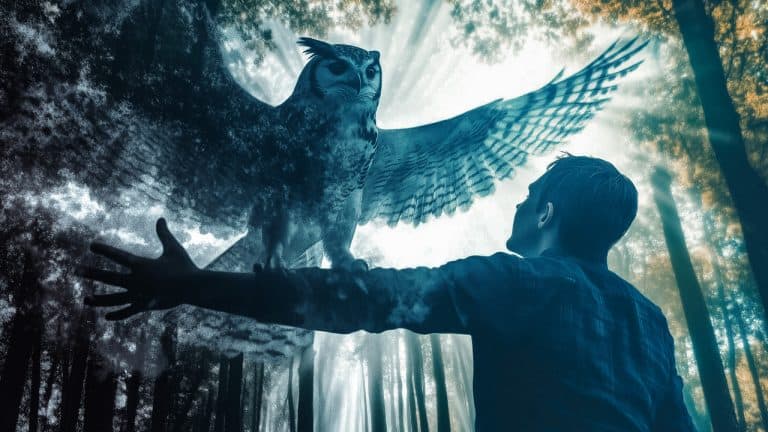 Double exposure of a man with outstretched arms in a forest and a large owl with wings spread
