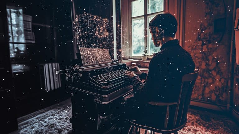 Double exposure of a person typing on a vintage typewriter in a dimly lit room