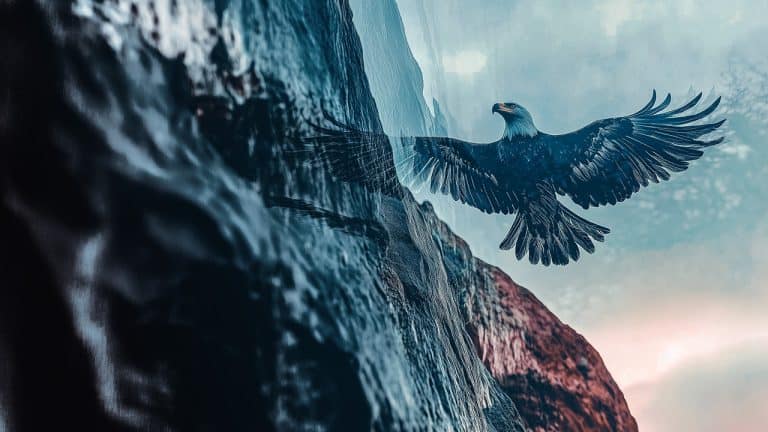 Double exposure of an eagle with wings spread wide and a rocky cliff face: freedom and strength concept.