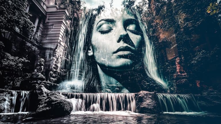 Double exposure of a serene woman's face with closed eyes and a cascading waterfall in a lush forest setting: tranquility and nature concept.