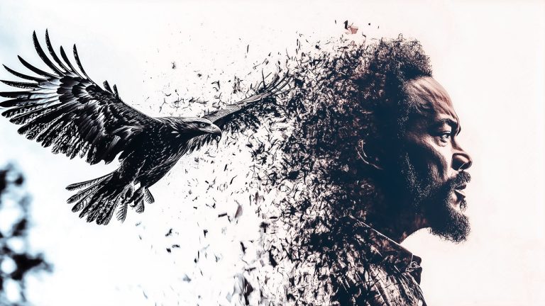 Double exposure of a side profile of a man with a textured beard and hair