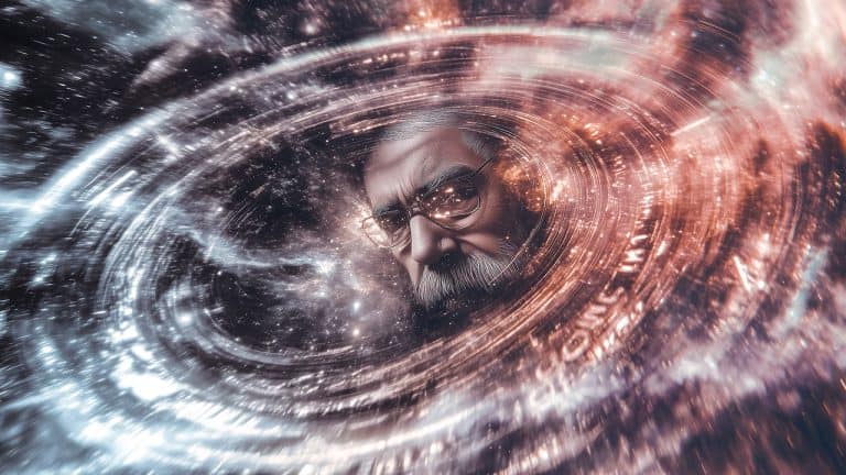 Double exposure of an elderly man with glasses and a thoughtful expression
