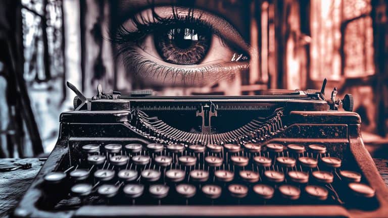 Double exposure of a close-up of a large eye and vintage typewriter keys: observation and storytelling concept.