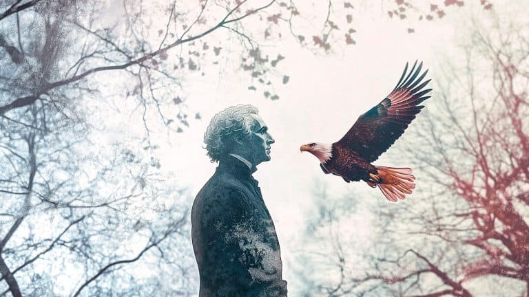Double exposure of a silhouette of a historical statue and a bald eagle in flight against a backdrop of bare trees: freedom and legacy concept.