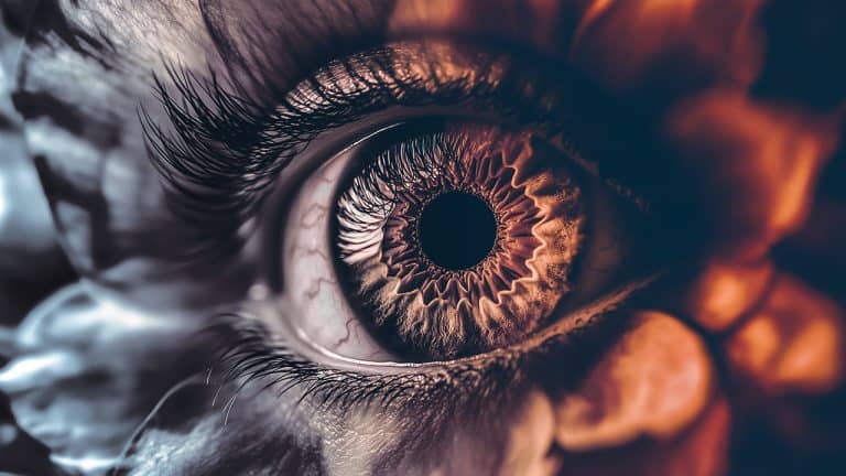 Double exposure of a close-up human eye with a vibrant orange and yellow iris