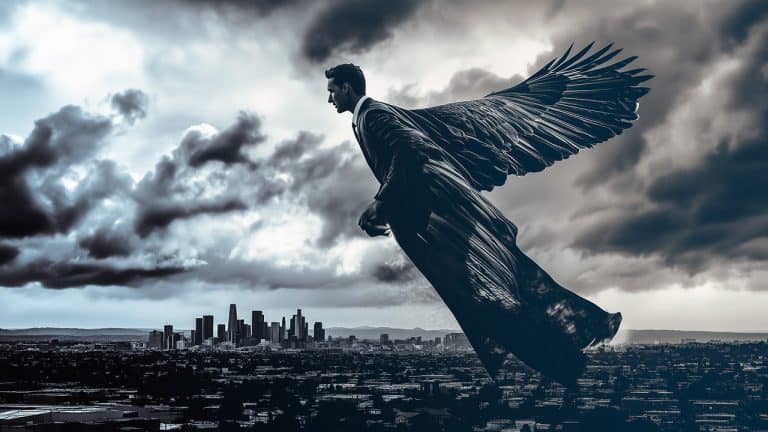 Double exposure of a man in a suit with large wings flying