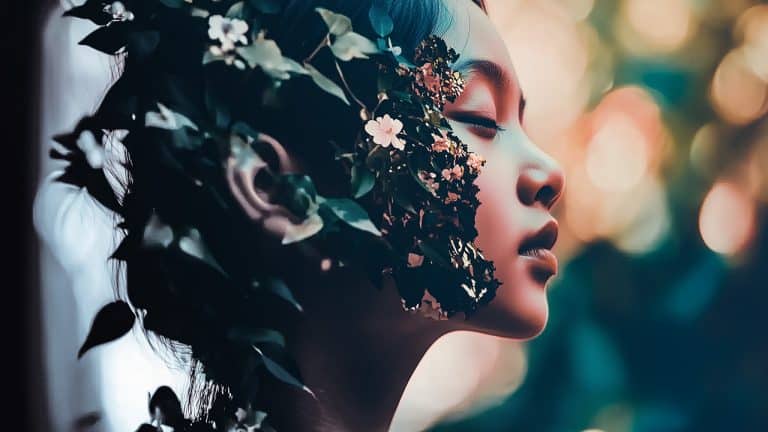 Double exposure of a serene woman with eyes closed and lush green leaves with small white flowers: harmony with nature concept.
