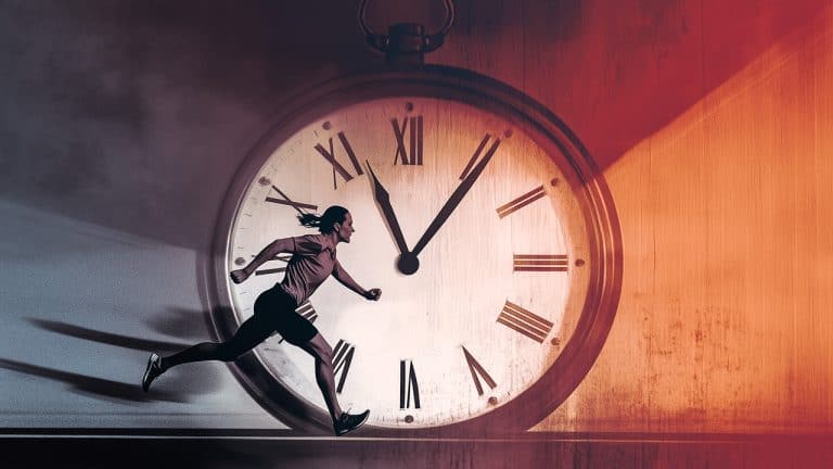 Double exposure of a woman running and a large clock with Roman numerals: race against time concept.