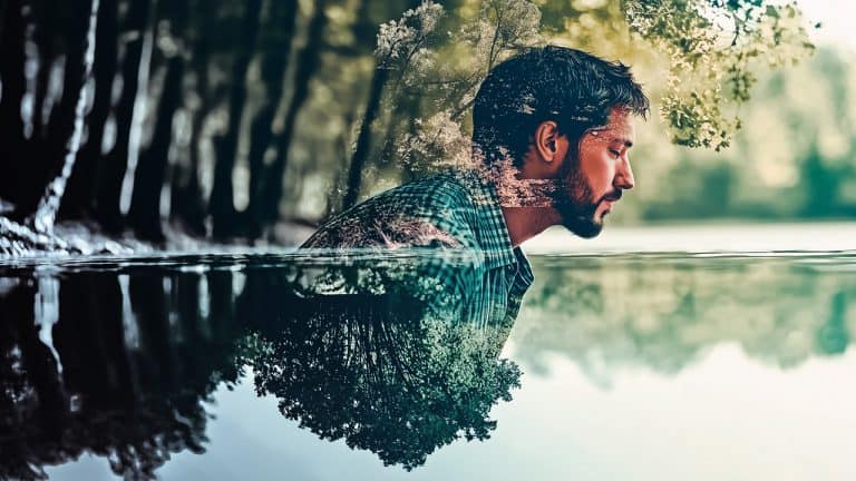 Double exposure of a man in profile with a beard wearing a checkered shirt