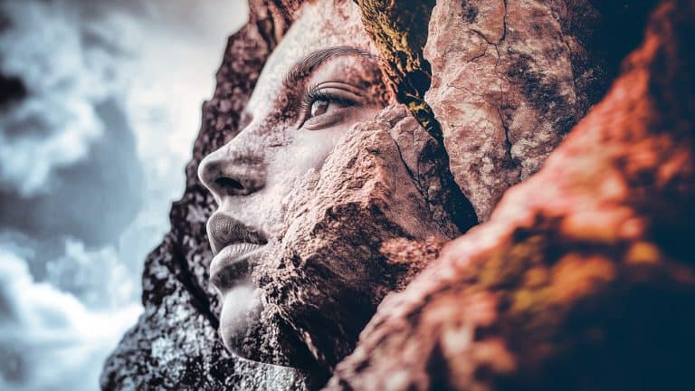 Double exposure of a woman's face in profile and a textured rock with moss: nature and humanity concept.